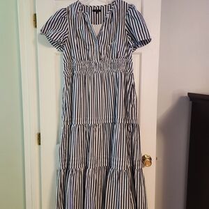 Quince Navy and White Striped Maxi Dress